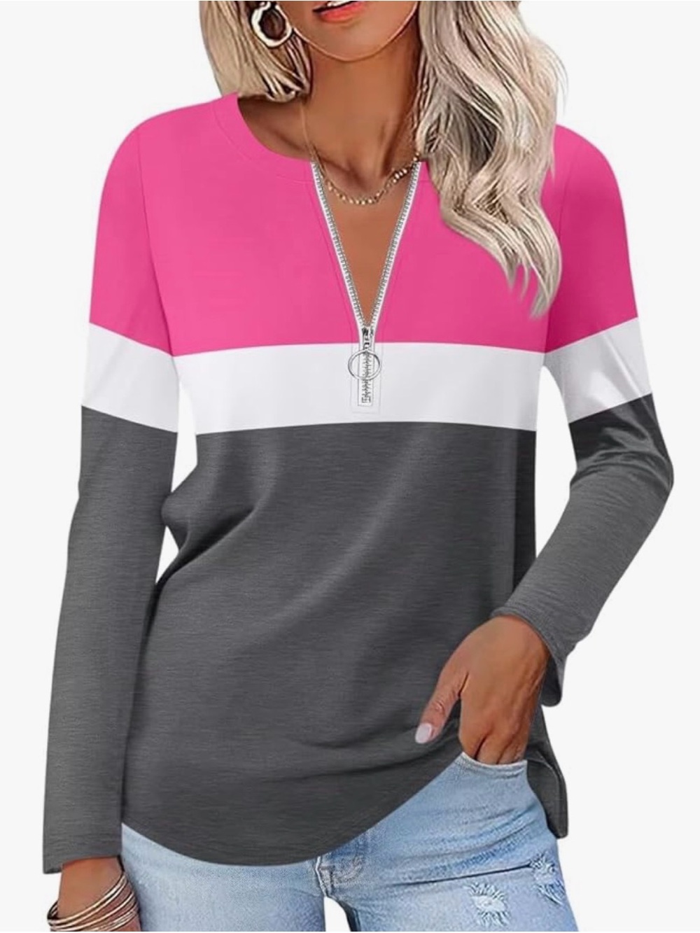 Colorblock Zip Pullover Sweatshirt in Pink, White & Gray